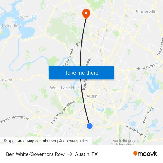 Ben White/Governors Row to Austin, TX map
