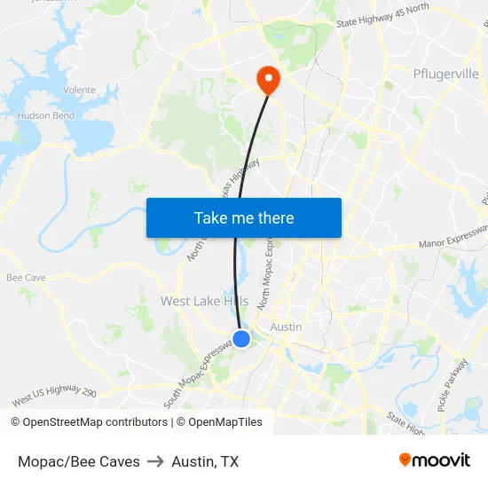 Mopac/Bee Caves to Austin, TX map
