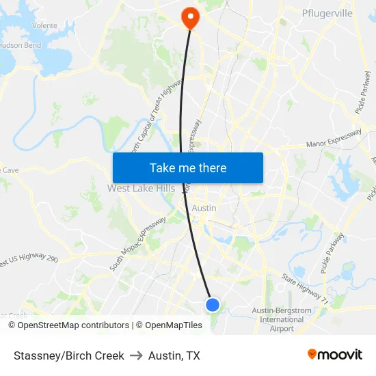Stassney/Birch Creek to Austin, TX map