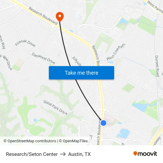 Research/Seton Center to Austin, TX map