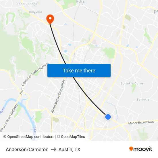 Anderson/Cameron to Austin, TX map
