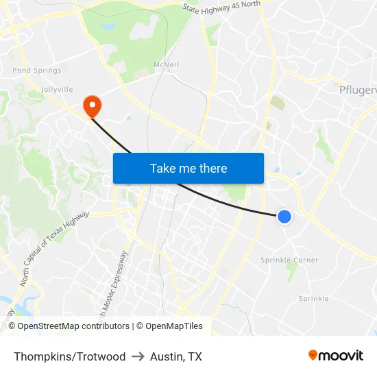 Thompkins/Trotwood to Austin, TX map