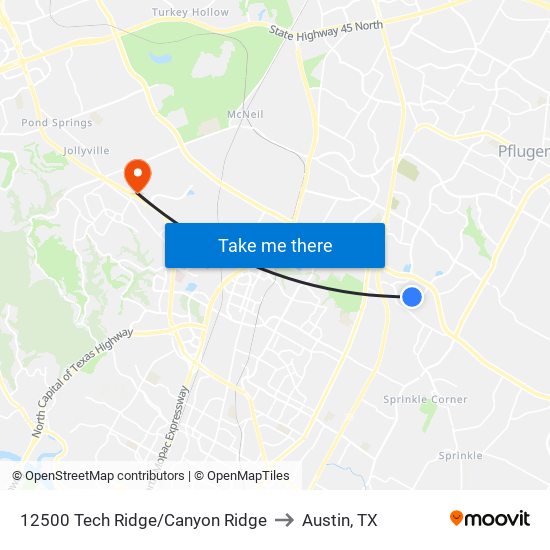 12500 Tech Ridge/Canyon Ridge to Austin, TX map