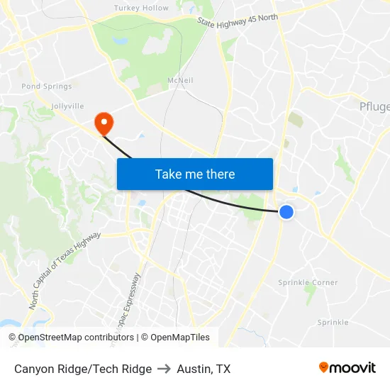Canyon Ridge/Tech Ridge to Austin, TX map