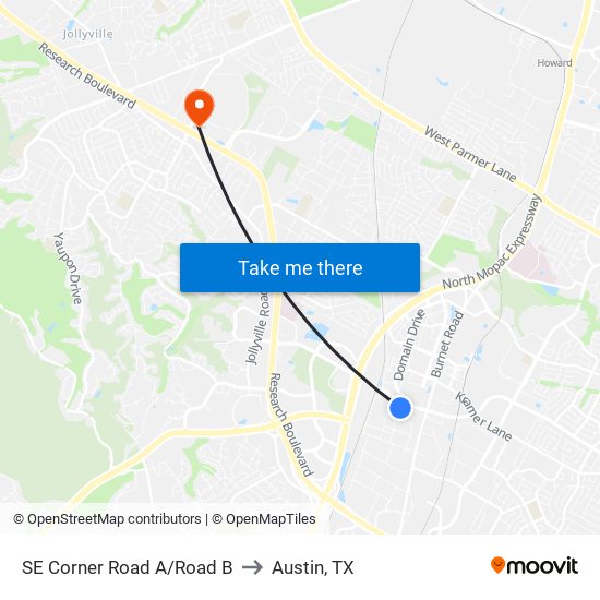 SE Corner Road A/Road B to Austin, TX map