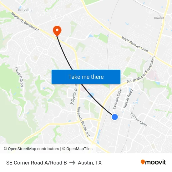 SE Corner Road A/Road B to Austin, TX map