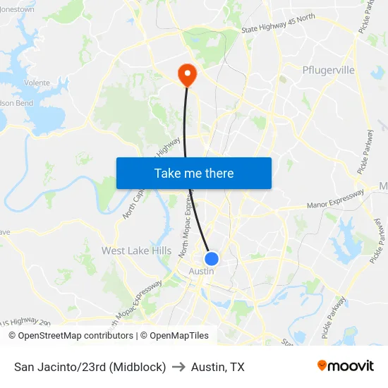 San Jacinto/23rd (Midblock) to Austin, TX map