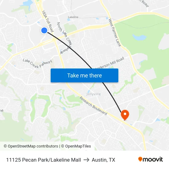 11125 Pecan Park/Lakeline Mall to Austin, TX map