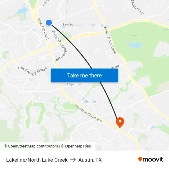 Lakeline/North Lake Creek to Austin, TX map