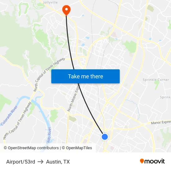 Airport/53rd to Austin, TX map