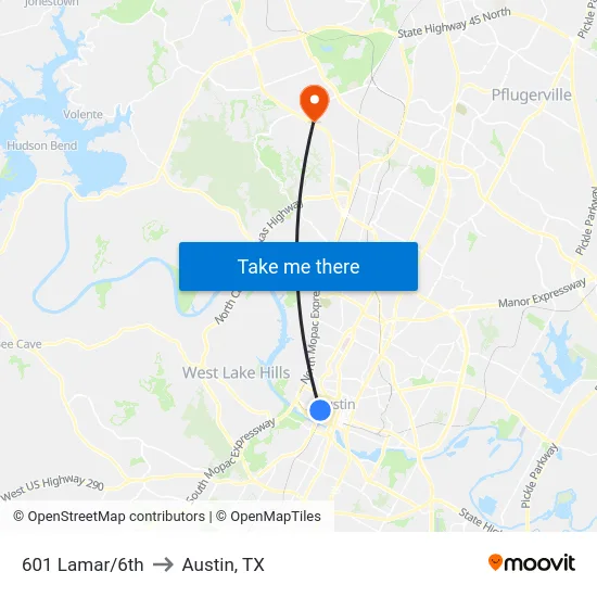 601 Lamar/6th to Austin, TX map