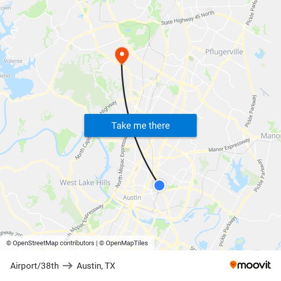 Airport/38th to Austin, TX map