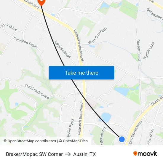 Braker/Mopac SW Corner to Austin, TX map