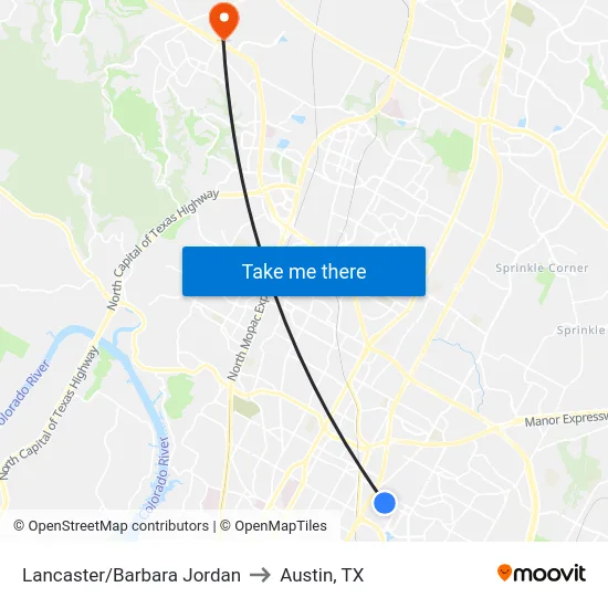 Lancaster/Barbara Jordan to Austin, TX map