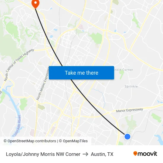 Loyola/Johnny Morris NW Corner to Austin, TX map