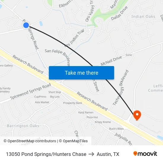 13050 Pond Springs/Hunters Chase to Austin, TX map