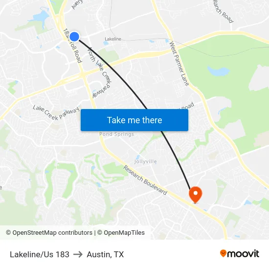 Lakeline/Us 183 to Austin, TX map
