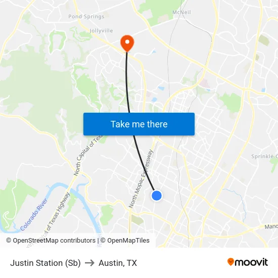 Justin Station (Sb) to Austin, TX map