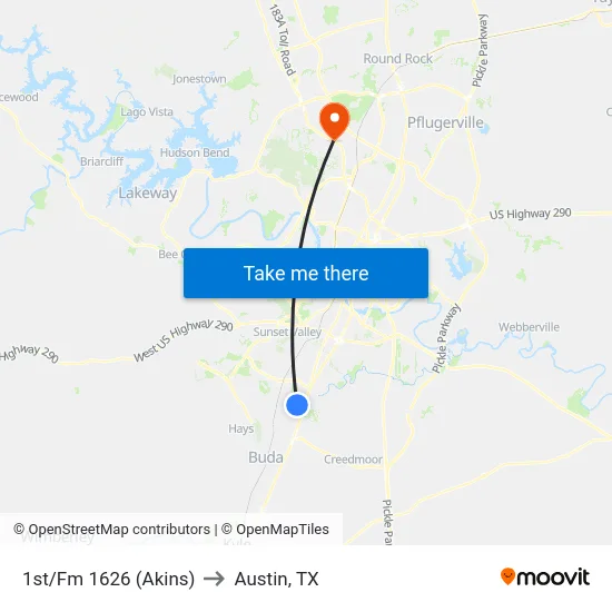 1st/Fm 1626 (Akins) to Austin, TX map