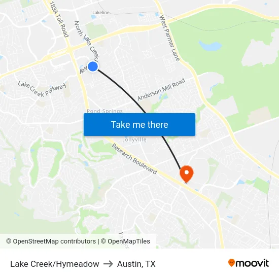 Lake Creek/Hymeadow to Austin, TX map