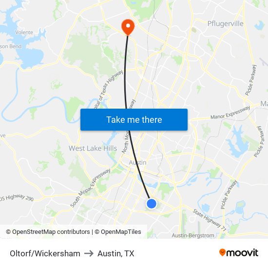 Oltorf/Wickersham to Austin, TX map