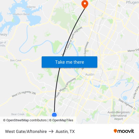 West Gate/Aftonshire to Austin, TX map