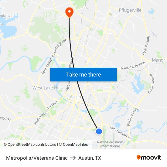 Metropolis/Veterans Clinic to Austin, TX map