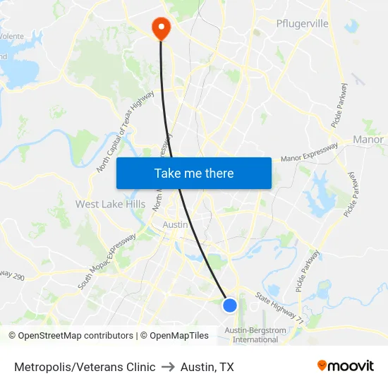 Metropolis/Veterans Clinic to Austin, TX map