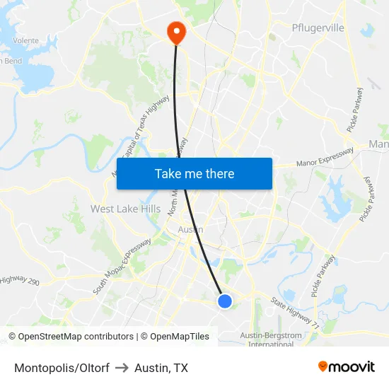 Montopolis/Oltorf to Austin, TX map