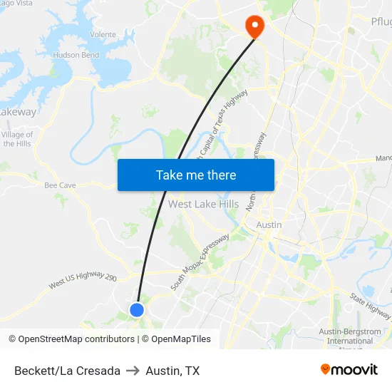 Beckett/La Cresada to Austin, TX map
