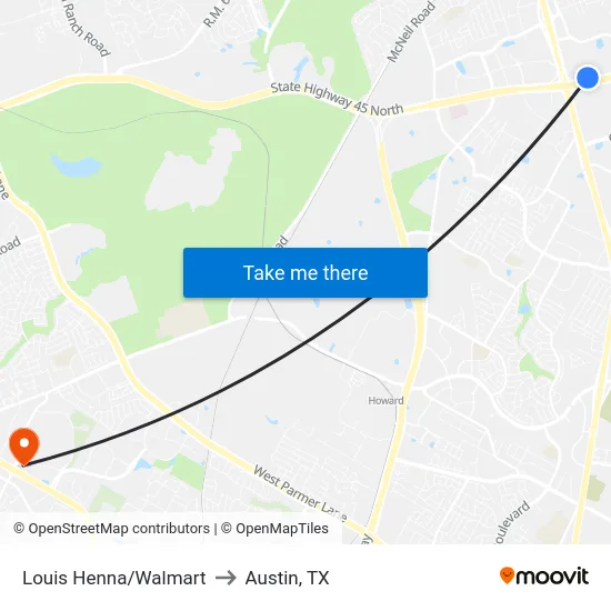 Louis Henna/Walmart to Austin, TX map