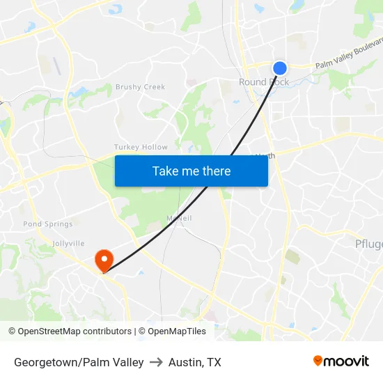 Georgetown/Palm Valley to Austin, TX map