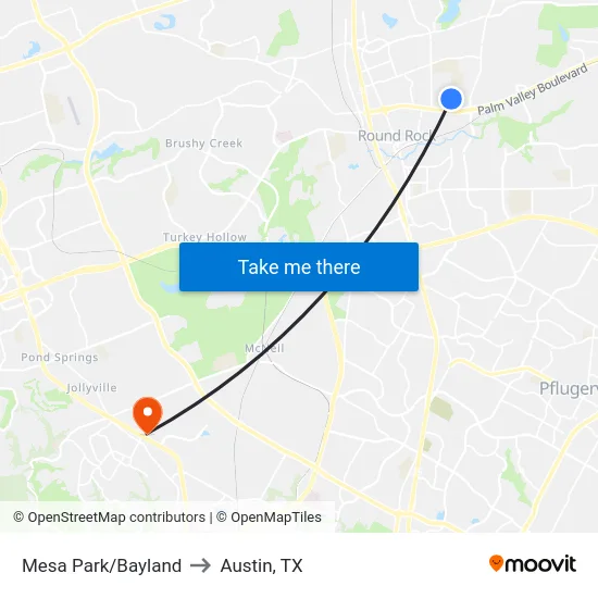 Mesa Park/Bayland to Austin, TX map