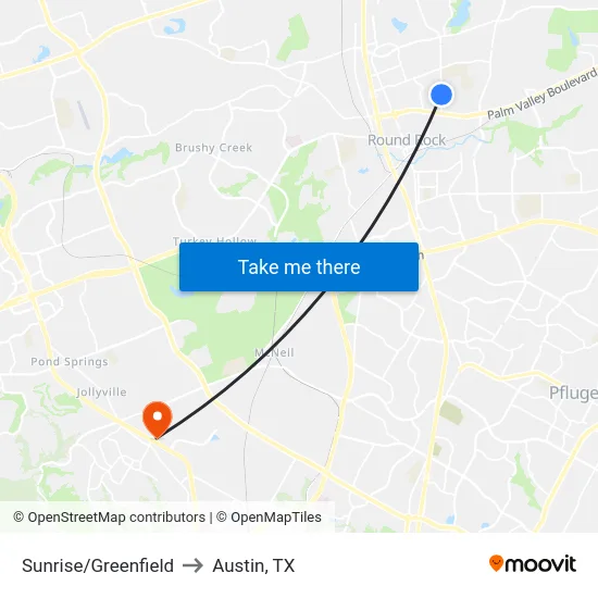 Sunrise/Greenfield to Austin, TX map