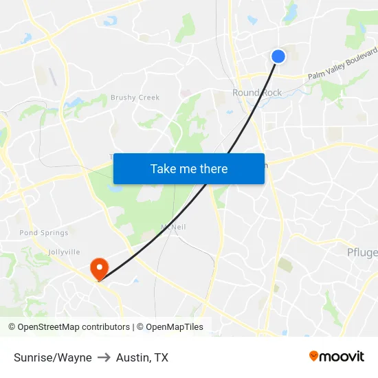 Sunrise/Wayne to Austin, TX map