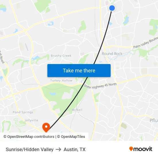 Sunrise/Hidden Valley to Austin, TX map