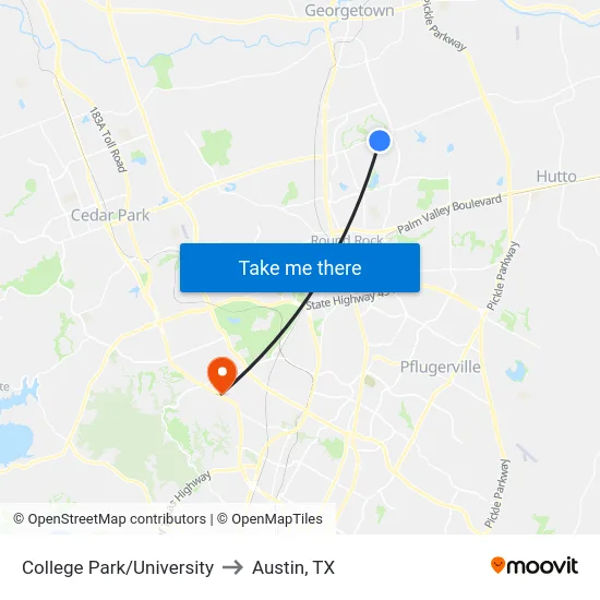 College Park/University to Austin, TX map