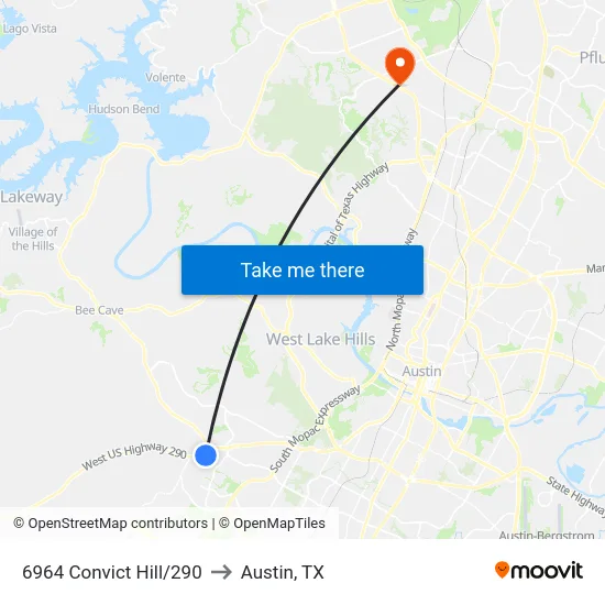 6964 Convict Hill/290 to Austin, TX map