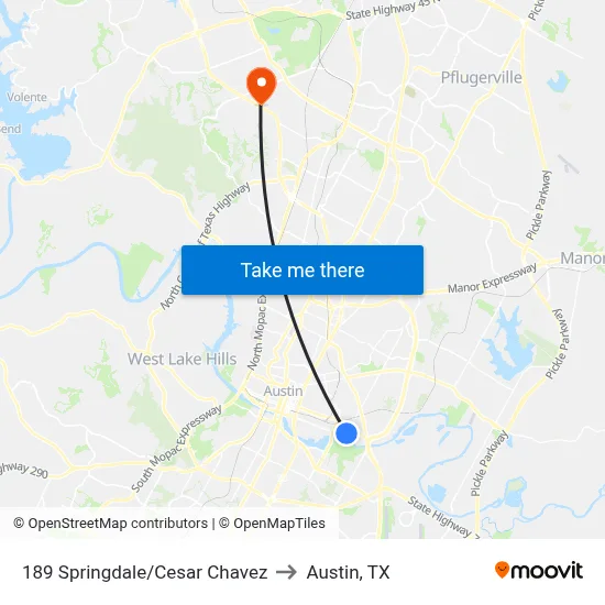 189 Springdale/Cesar Chavez to Austin, TX map