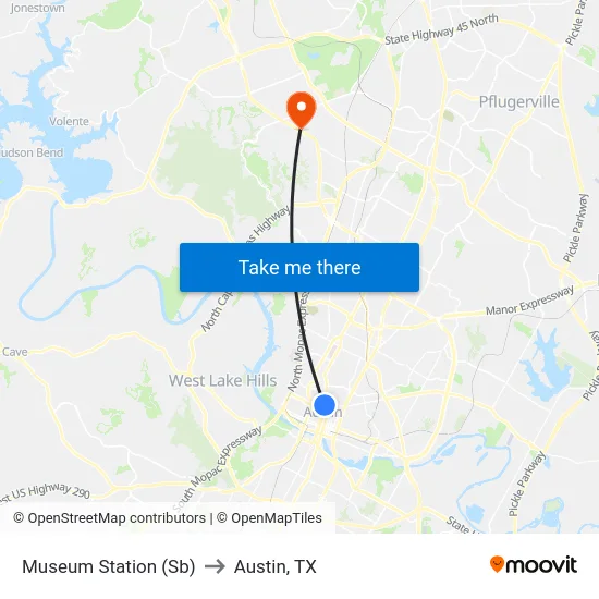 Museum Station (Sb) to Austin, TX map