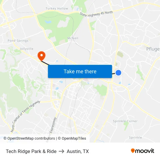 Tech Ridge Park & Ride to Austin, TX map