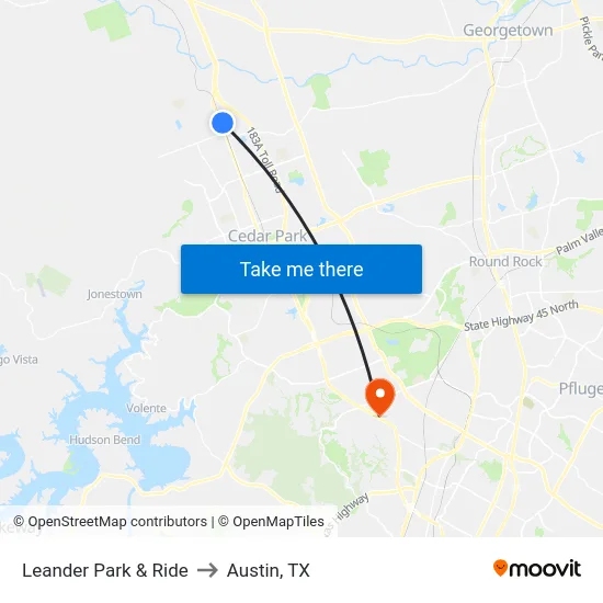 Leander Park & Ride to Austin, TX map