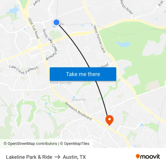 Lakeline Park & Ride to Austin, TX map