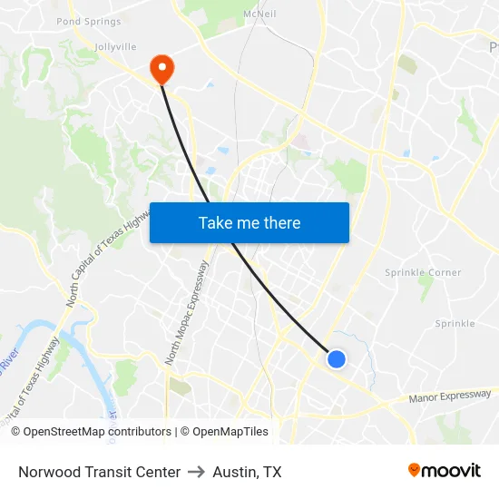 Norwood Transit Center to Austin, TX map
