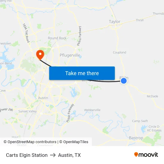 Carts Elgin Station to Austin, TX map