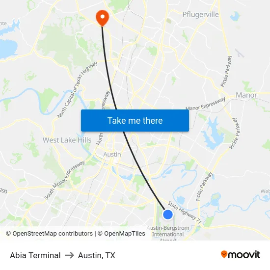 Abia Terminal to Austin, TX map
