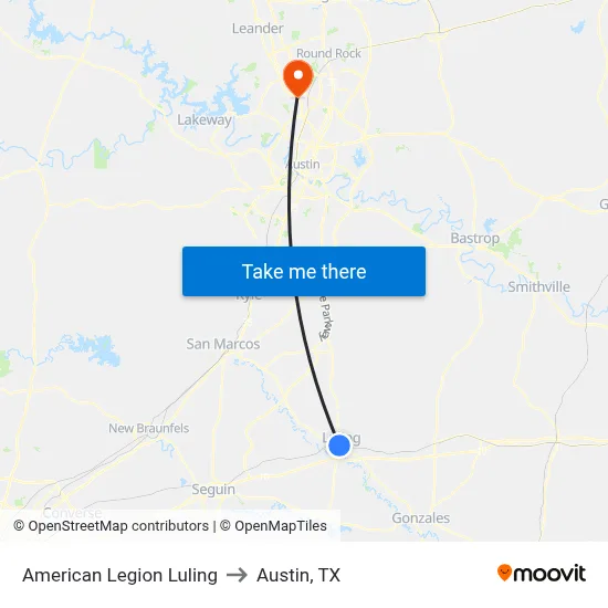 American Legion Luling to Austin, TX map