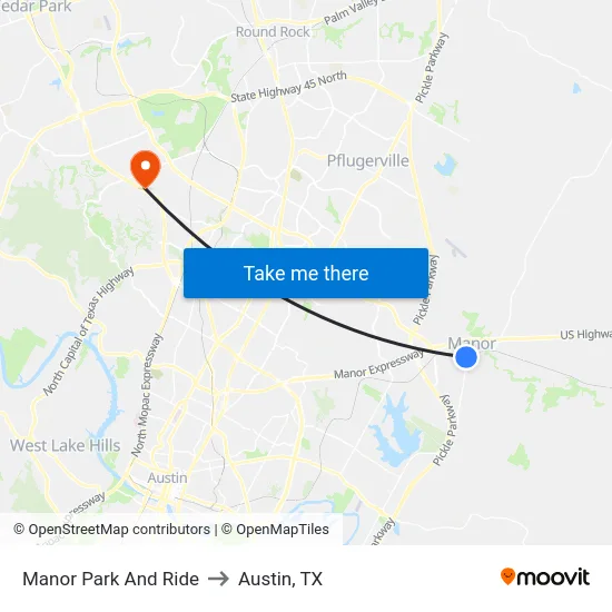 Manor Park And Ride to Austin, TX map