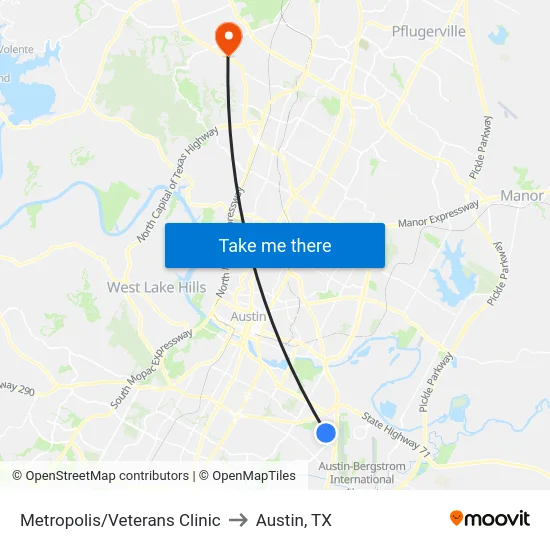 Metropolis/Veterans Clinic to Austin, TX map