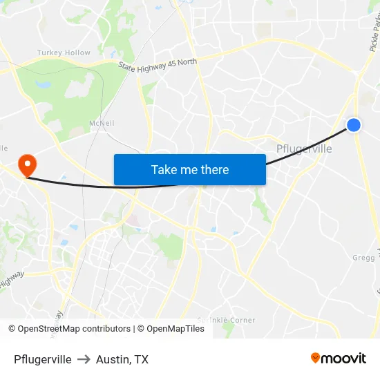 Pflugerville to Austin, TX map